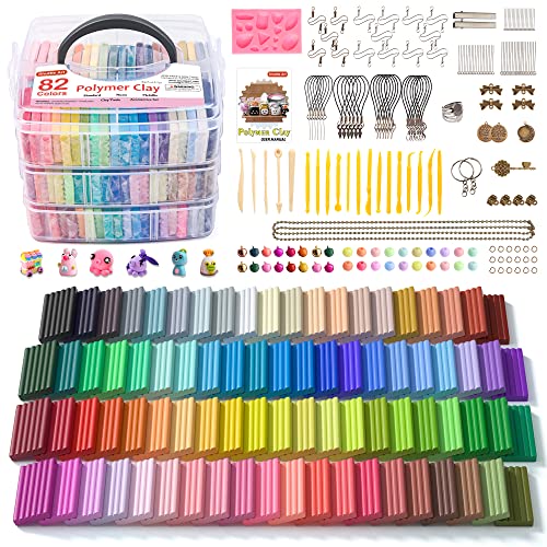 Pâte Polymère, Shuttle Art 82 Couleurs de Polymere Clay avec 19 Outils et 16 Types d'Accessoires, Argile à Modéler Antiadhésif et Non Toxique, Kit de Pâte à Modéler Idéal pour Enfants… - 82 Couleurs