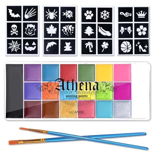 UCANBE Athena Face Body Painting Kit - 20 Color Large Deep Pan Paint, 24 Stencils, 2pcs Brushes, Professional Oil Based SFX Makeup Palette for Art, Theater, Halloween, Parties and Cosplay - Set #2