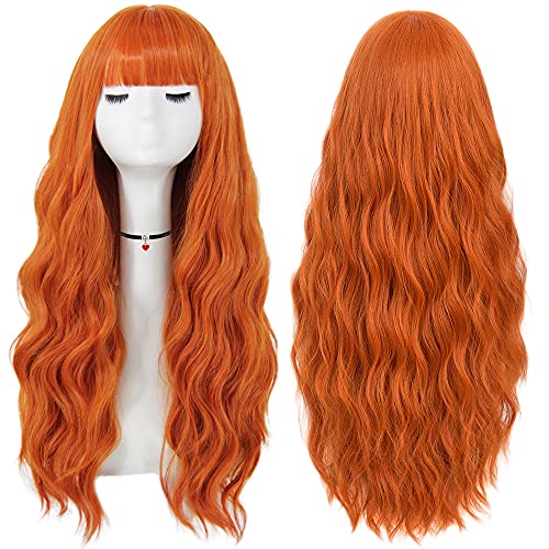 Mildiso Orange Wigs for Women 26" Long Orange Wig with Bangs Curly Wavy Natural Cute Synthetic Soft Wig with Wig Net M062CO - Orange