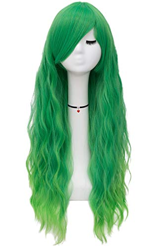 Mildiso Green Wigs for Women 26" Long Green Hair Wig with Bangs Curly Wavy Cute Soft Wig with Breathable Wig Net M062I - Light Green