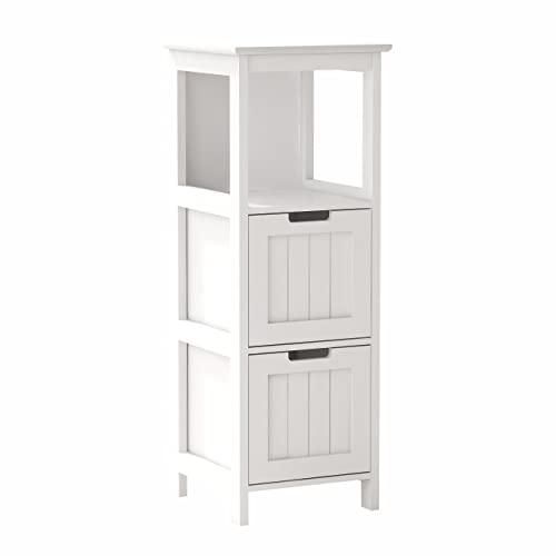 RASOO Bathroom Storage Cabinet White Freestanding Floor Cabinet with 2 Drawers and 1 Storage Shelf for Bathroom, Living Room，12.99"x12.99"x35.43"(LxWxH) - 2 drawers and one open shelf