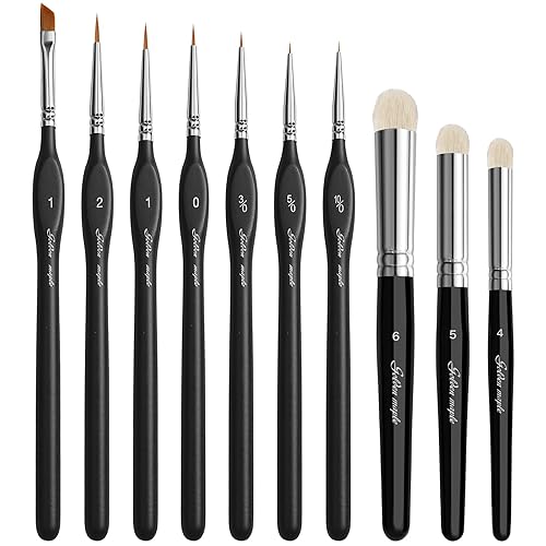 Fine Detail Brushes with Drybrush Set, 10 Miniature Paint Brush for Fine Detailing, Art Painting, Models, Acrylic, Watercolour, Miniatures, Oil, Figures. (Golden Maple Series） - 7+3PCS