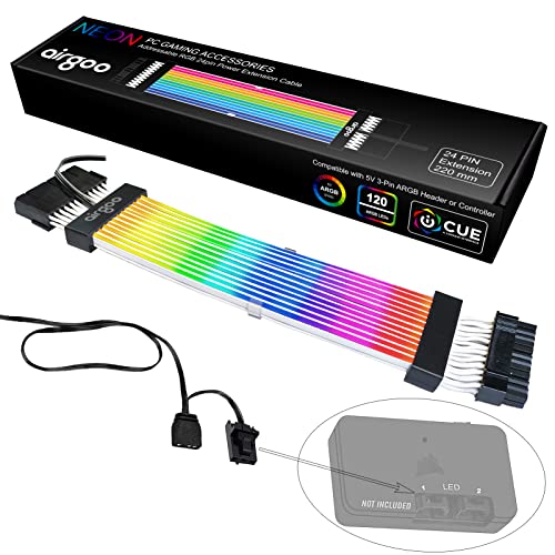 Airgoo ARGB 24 Pin Extension Cable, for Corsair Lighting Node Pro Corsair Commander Core XT, Motherboards 5V 3pin ARGB Header, 2023 New Version LED Diffused Soft Silicone Tube, Black Connector