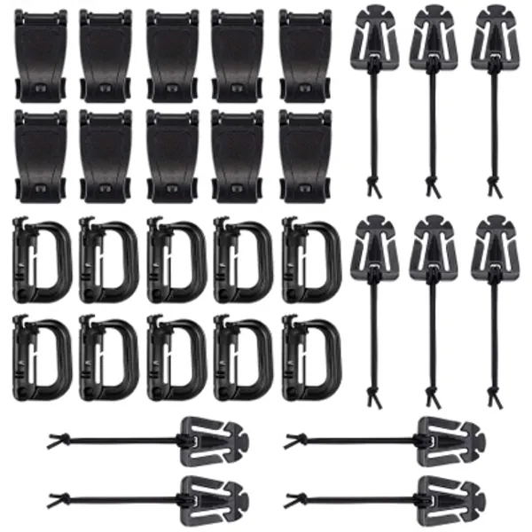 BOOSTEADY Kit of 30 Attachments for Molle Bag Tactical Backpack Vest Belt,D-Ring Grimloc Locking Gear Clip, Web Dominator Elastic Strings, Strap Management Tool Buckle