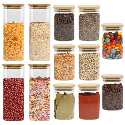 HUMOKI Bocal en Verre Avec Couvercle en Bambou, 12 pcs 1000ml 600ml Bocaux en Verre Carré, Bocaux Rangement en Verre HerméTique, Bocaux Verre Rangement Cuisine, pour Épice Spaghetti Café Céréales