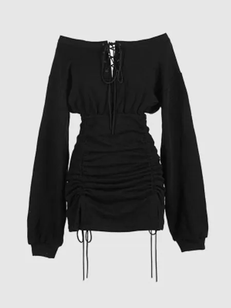 Solid Color Off The Shoulder Drawstring Bodycon Dress