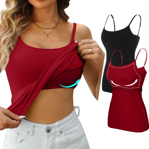 V FOR CITY Cotton Shelf Bra Camisoles Adjustable Spaghetti Strap Tank Tops Scoop Neck Layer Cami S-5X - Black/Red - XX-Large