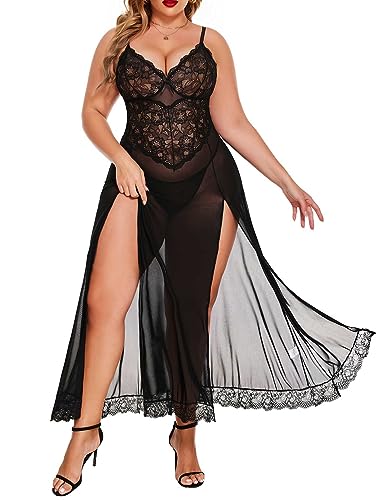 Avidlove Plus Size Lingerie For Women Babydoll Sexy Mesh Maxi Nightdress Strappy Exotic Sleepwear Side Slits - Black - 14 Plus