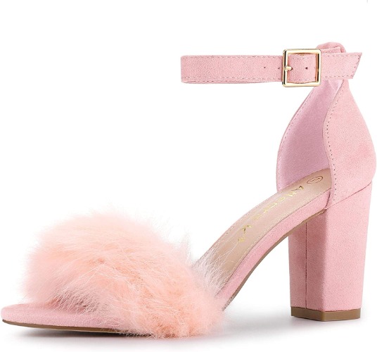 Allegra K Women's Faux Fur Ankle Strap Block Heels Sandals - 8 Pink