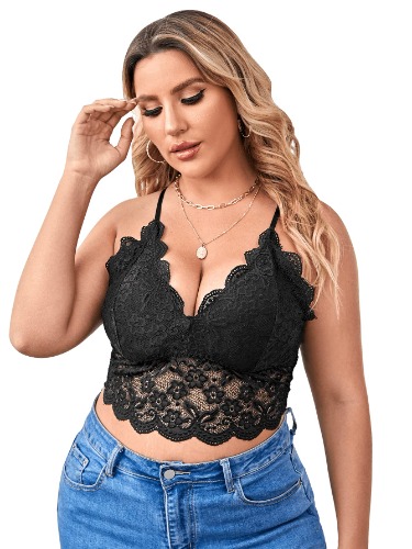 SOLY HUX Women's Plus Size Sexy Floral Lace Scalloped Trim Wireless Bra Adjustable Strap V Neck Everyday Bralette - X-Large Plus - Black
