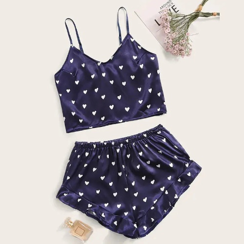 Lace Satin Silk Pajamas Set - S / Navy