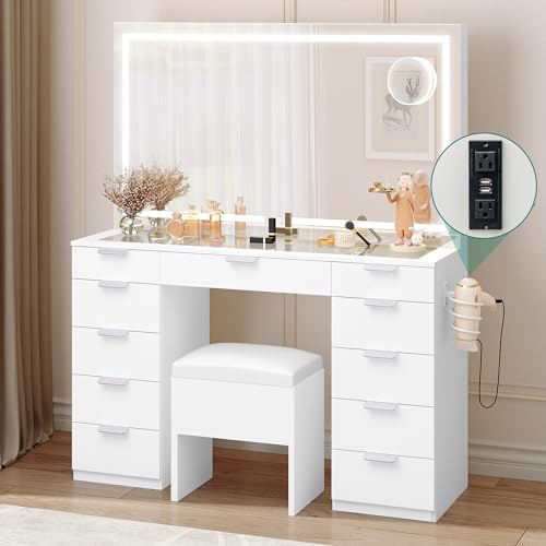 YITAHOME Vanity Desk Set with Large LED Lighted Mirror & Power Outlet, Glass Top Vanity with 11 Drawers and Magnifying Glass, 46'' Large Makeup Vanity with Storage Bench, White Vanity for Bedroom - White - Casual