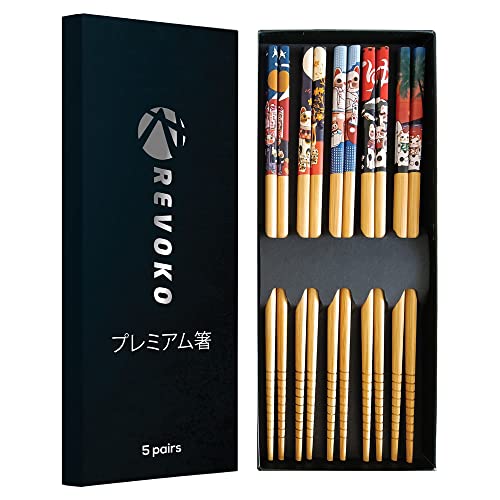 REVOKO Bamboo Chopsticks - Premium 5-Pack Japanese Reusable Chopsticks with Fortune Cat Print - Natural Food-Grade Chop Sticks for Sushi, Asian Dishes (Fortune Cat Print) - Animal Print