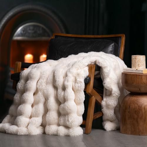 EVERGRACE Ultra Soft Luxury Fluffy Ridgeline Faux Rabbit Fur Throw Blanket, Thick Warm Fuzzy Blankets for Winter, Cozy Plush Reversible Blanket for Couch, Bed, Sofa, Ivory White, 60x80 Inches, 870 GSM - Ivory White - 60''x80''