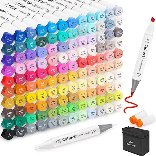 Caliart Alcohol Brush Markers, 121 Colors Dual Tip Artist Brush & Chisel Tip Sketch Art Markers, Aesthetic Cute Preppy Stuff School Supplies, Pens for Lettering Cards Drawing Mothers Day Gift for Mom - 121 - Chisel & Brush