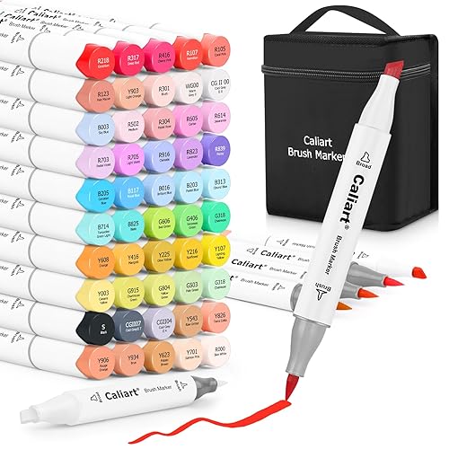 Caliart Alcohol Brush Markers, 51 Colors Dual Tip Artist Brush & Chisel Tip Sketch Art Markers, Aesthetic Cute Preppy Stuff School Supplies, Pens for Lettering Cards Drawing Mothers Day Gift for Mom - 51 - Chisel & Brush