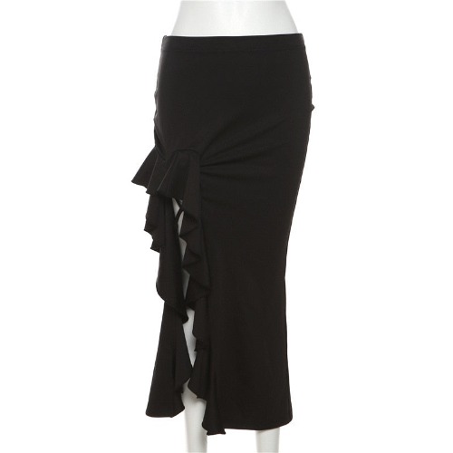 'Dark Ruffles' Black Skirt with Side Split and Ruffles - black / L