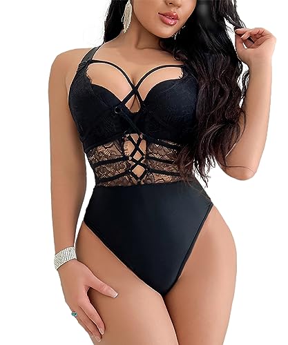 Buitifo Women Sexy Bodysuit One Piece Babydoll Lingerie Lace Teddy Negligee - Black NT1 - L
