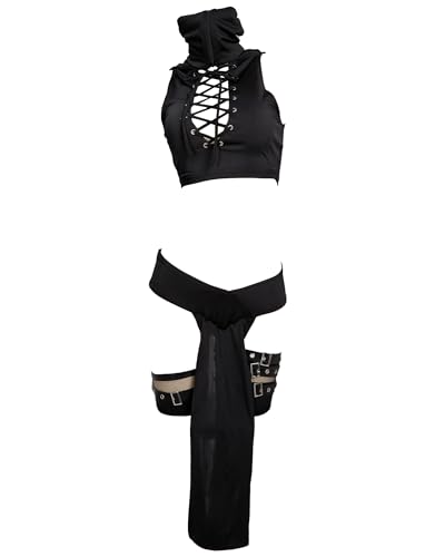 MEOWCOS Women's Cosplay Costume Top and Skirt Set with Gloves Stockings Thigh Buckle - Black - Medium