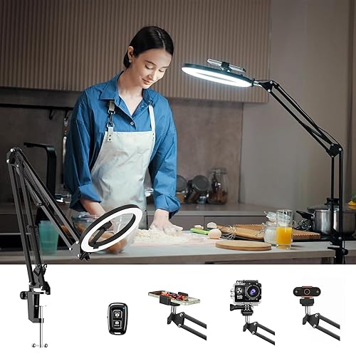 Desk Ring Light with Stand and Phone Holder, Evershop 10" Selfie Ring Light for Phone, Overhead Phone Camera Mount Tripod with Remote for Video Recording/Video Conference/Live Streaming/Cooking/Makeup - 10inch