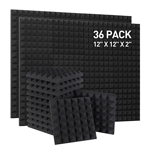 Sound Proof Panels - 12 x 12 x 2 Inches Pyramid Acoustic Foam 36 Pack Sound Absorbing Panel Sound Foam High Density and Fire Resistant Wall Panel (Black)… - 12 x 12 x 2 Inches - Black - 36 Pack Pyramid Panels