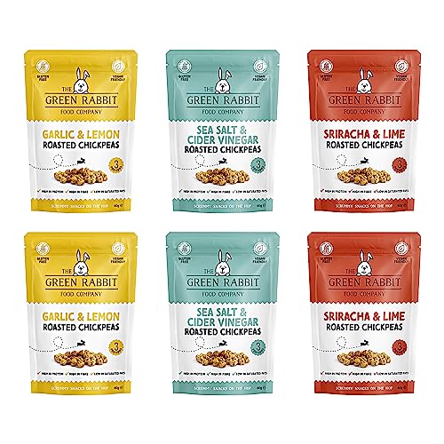 The Green Rabbit Gluten Free Roasted Chickpeas, 3 Flavour Variety Pack - Healthy Snacks High in Plant-Based Protein & Fibre - Low in Fat, Sugar & Calories - Vegetarian & Vegan Friendly - 6 Packs x 60g