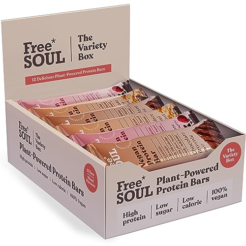 Free Soul Vegan Protein Bar | Plant Based Chocolate Protein Bar | High Protein, Dairy Free, Low Sugar, Low Carb, Sucralose Free, Palm Oil Free | 12 Count (Variety Box) - Variety Box - 12 Count (Pack of 1)