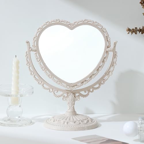 XPXKJ 7 Inch Vintage Heart Mirror - Elegant Desk Makeup Mirror with Double Sided 360 Degree Rotation Vanity Mirror for Coquette Room Decor (Beige 1pcs) - Beige