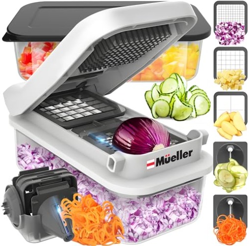 Mueller Pro-Series V Blade Vegetable Chopper, Onion Chopper, Egg Slicer, Spiralizer, Dicer, Food Chopper Veggie Fruit Cutter, French Fry Cutter, Kitchen Gadgets 2024 w Food Container White Sand/Grey - 5 Blade - White Sand/Grey