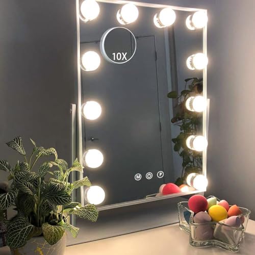 Hansong Vanity Mirror with Lights Makeup Mirror with Lights 12 Dimmable Bulbs Hollywood Lighted Makeup Mirror Detachable 10x Magnification 3 Color Lighting Modes - White