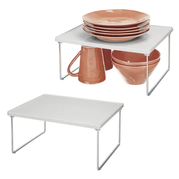 mDesign Metal Stacking Storage Organization for Shelves Inside Cabinets in Kitchen, Pantry, Cupboard, or Fridge/Freezer - Organizer Stand for Plates, Bowls, Mugs, Ligne Collection, 2 Pack, Stone Gray - Light Gray