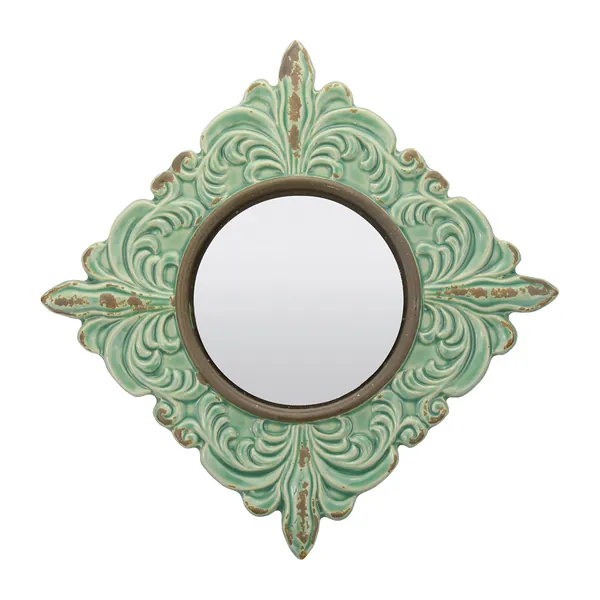 Stonebriar Decorative 11.3" Antique Green Diamond Shape Ceramic Accent Wall Mirror - 