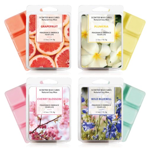 SCENTORINI Wax Melts, Scented Wax Melts, Wax Cubes, Soy Wax Melts for Wax Warmer, 4 x 2.5 oz, Grapefruit, Cherry Blossoms, Wild Bluebell, Plumeria - Grapefruit, Cherry Blossoms, Wild Bluebell, Plumeria 4 x 2.5 oz