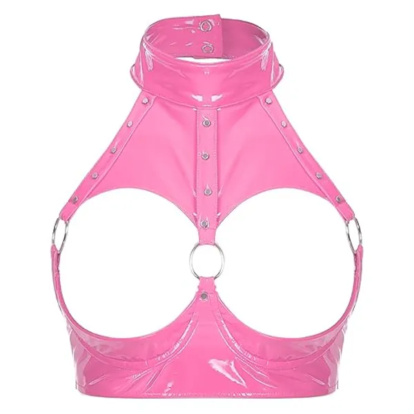 YiZYiF Womens Mock Neck PVC Leather Metallic Crop Top Sexy Zipper Front Bustier Bra Top - Open Hot Pink - Small