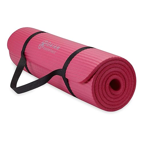 Gaiam Essentials Thick Yoga Mat Fitness & Exercise Mat with Easy-Cinch Yoga Mat Carrier Strap, 72"L x 24"W x 2/5 Inch Thick - Pink