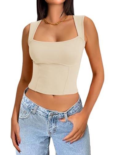 MIHOLL Women's 2024 Summer Sleeveless Tops Square Neck Casual Tight Ribbed Tank Tops - 02 Beige - X-Large