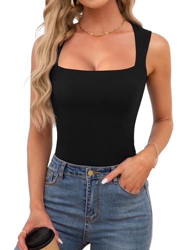 OwnTime Womens Square Neck Tank Tops Dressy Summer Sleeveless Shirts Sexy Going Out Fitted Trendy Tops T Shirts Blouses - X-Large - Black