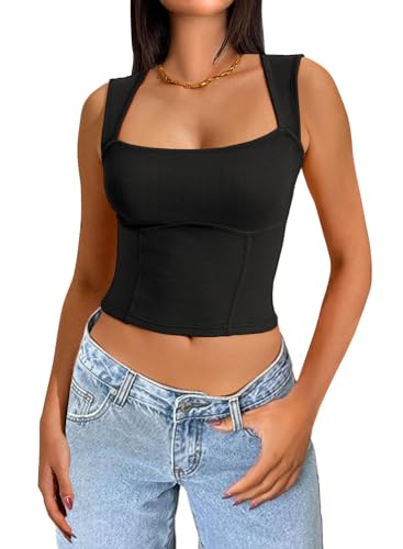 MIHOLL Women's 2024 Summer Sleeveless Tops Square Neck Casual Tight Ribbed Tank Tops - 01 Black - X-Large