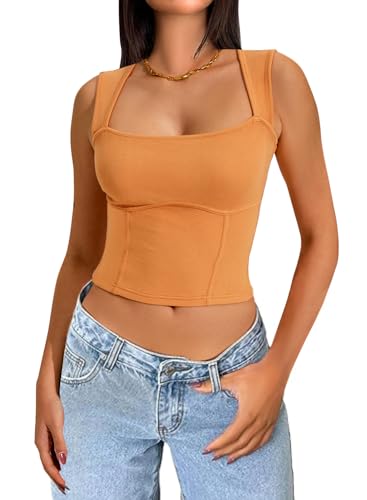 MIHOLL Women's 2024 Summer Sleeveless Tops Square Neck Casual Tight Ribbed Tank Tops - 04 Orange - X-Large