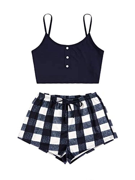 SOLY HUX Womens Pajama Set 2 Piece Lounge Sets Soft Sleepwear Cami Crop Top and Plaid Shorts Nightwear
