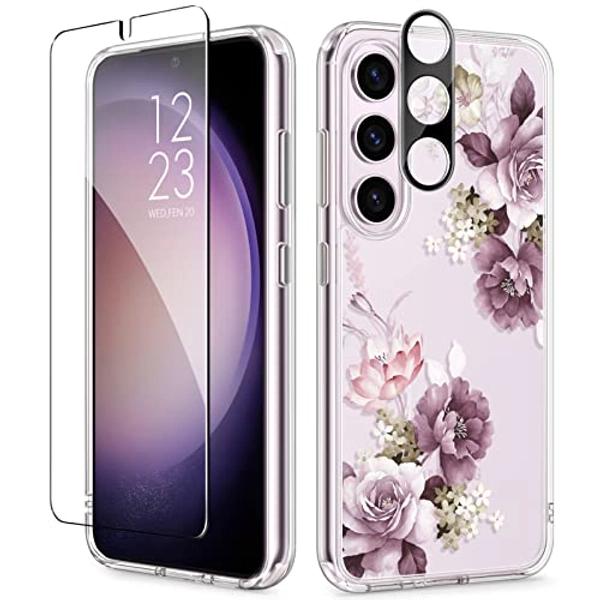 GVIEWIN Case Compatible with Samsung Galaxy S23 Case, with Screen Protector + Camera Lens Protector Floral Shockproof Clear Hard PC+Soft Bumper Women Phone Cover 2023 6.1" (Cherry Blossoms/Purple)