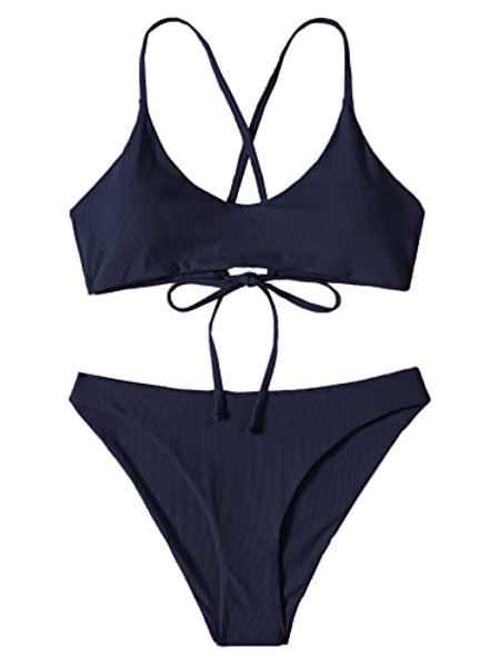 SweatyRocks Women's Bathing Suits Spaghetti Strap Criss Cross Back Bikini Ribbed Swimsuit