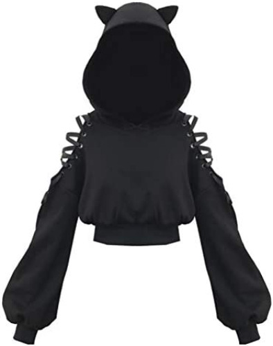 Women Hoodies Long Sleeve Cute Ear Cat Off Shoulder Crop Top Pullover Sweatshirt - Large Black