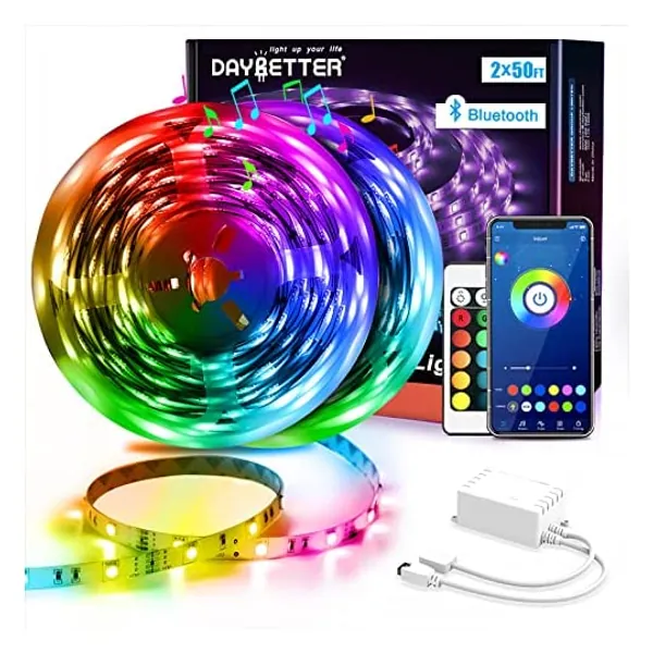 
                            DAYBETTER Led Strip Lights 100ft (2 Rolls of 50ft) Smart Light Strips with App Control Remote, 5050 RGB Led Lights for Bedroom, Music Sync Color Changing Lights for Room Party
                        