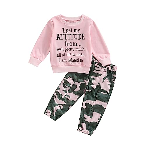 MoccyBabeLee 1-6 Years Toddler Baby Girls Fall Clothes Letter Print Long Sleeve Sweatshirt and Stretch Camouflage Pants Set 2 Piece Outfit - 3-4 Years - Pink