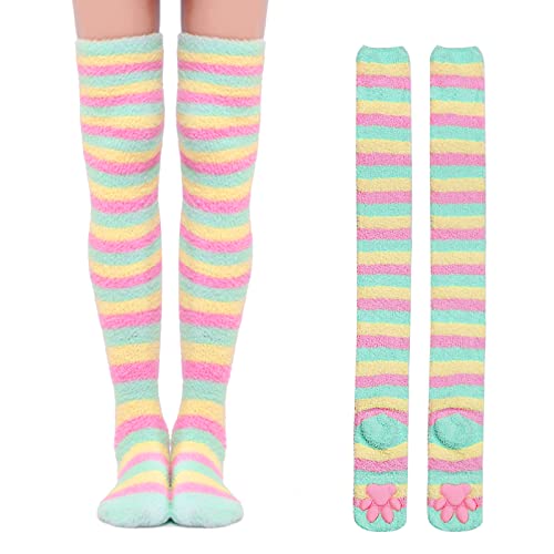 Littleforbig Knee High / Thigh High Cosplay 3D Paw Pad Silicone Kitten Over The Knee Coral Fleece Socks 22 Colors - Green Icream - Large