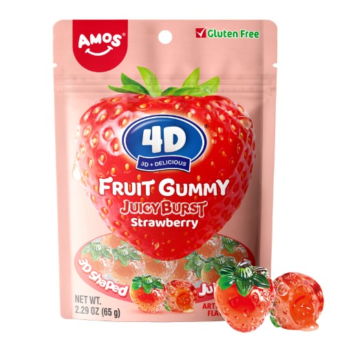 AMOS 4D Gummy Fruit Filled Candy, Fruit Snacks Juicy Burst, Strawberry Juice Filled Gummies, Soft and Chewy Easter Treat Candy 1.7 LB 2.29Oz Per Bag (12 Bags) - Strawberry Juice Filled
