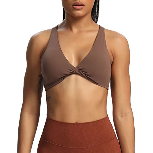 Aoxjox Women's Workout Sports Bras Fitness Backless Padded Satara Low Impact Bra Yoga Crop Tank Top - Medium - Fudge Coffee