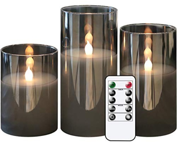 GenSwin Gray Glass Battery Operated Flameless Led Candles with 10-Key Remote and Timer, Real Wax Candles Warm White Flickering Light for Home Decoration(Set of 3) - Gray