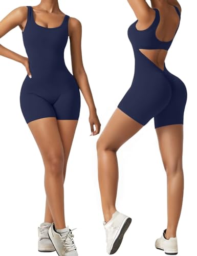 Vertvie Jumpsuits for Women Sexy Backless One Piece Jumpsuit Shorts Sleeveless Tummy Control V Back Scrunch Bodycon Romper - Navy Blue - Medium